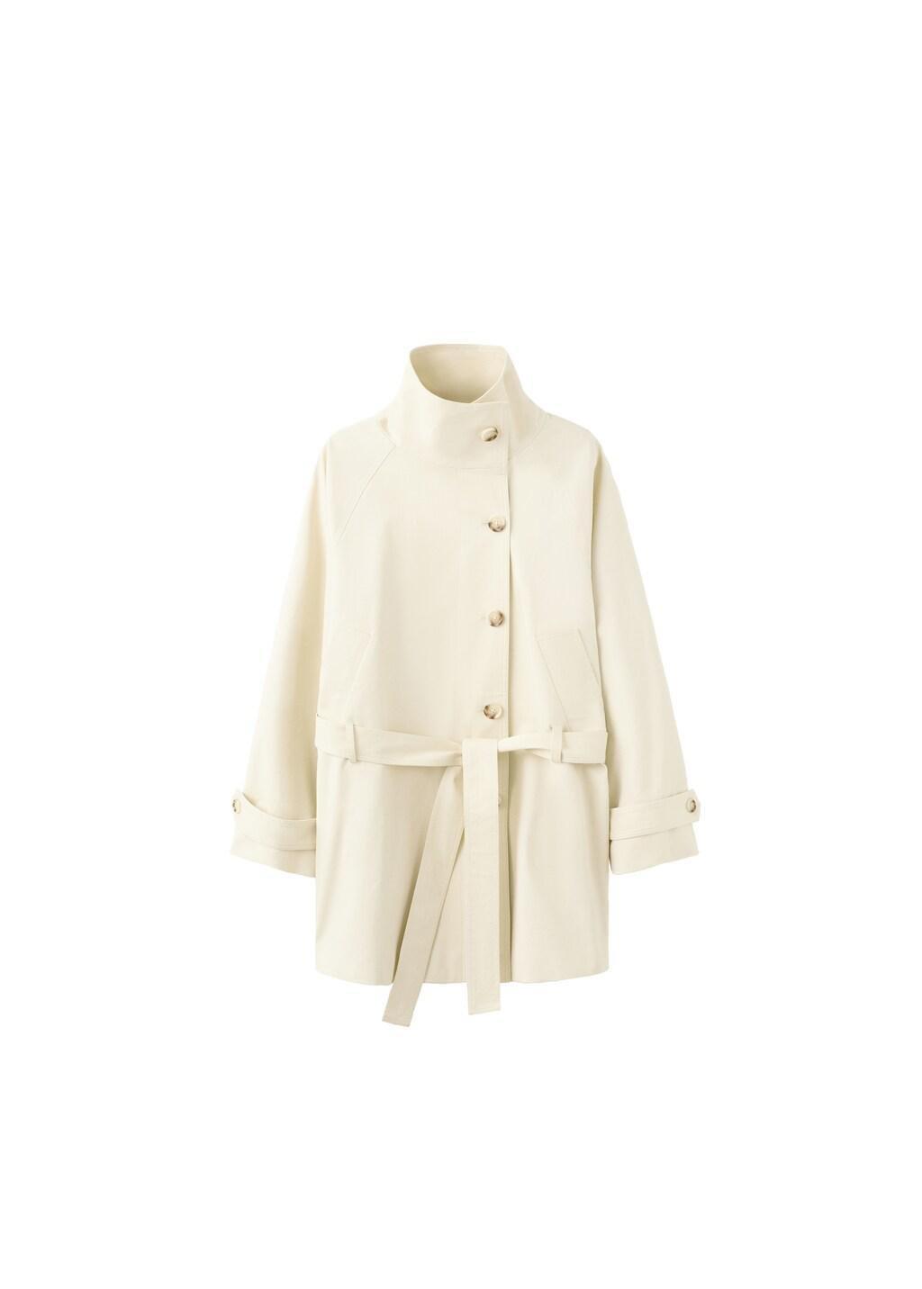 Beige Funnel Neck Belted Trench Coat, Light Beige, large image number 6