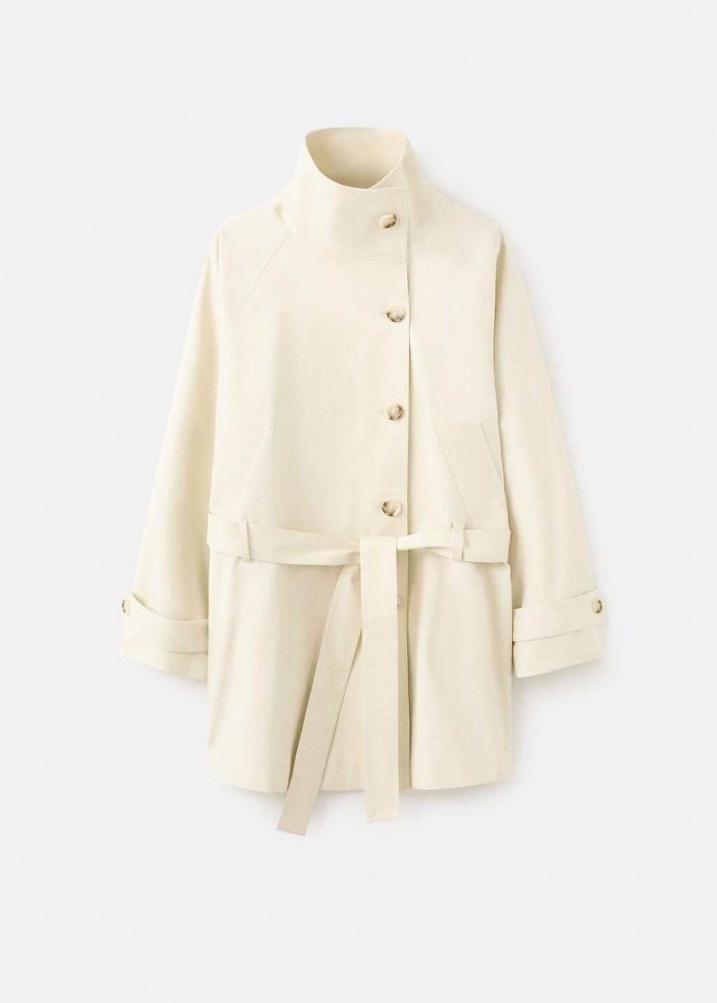 Beige Funnel Neck Belted Trench Coat, Light Beige, large image number 7