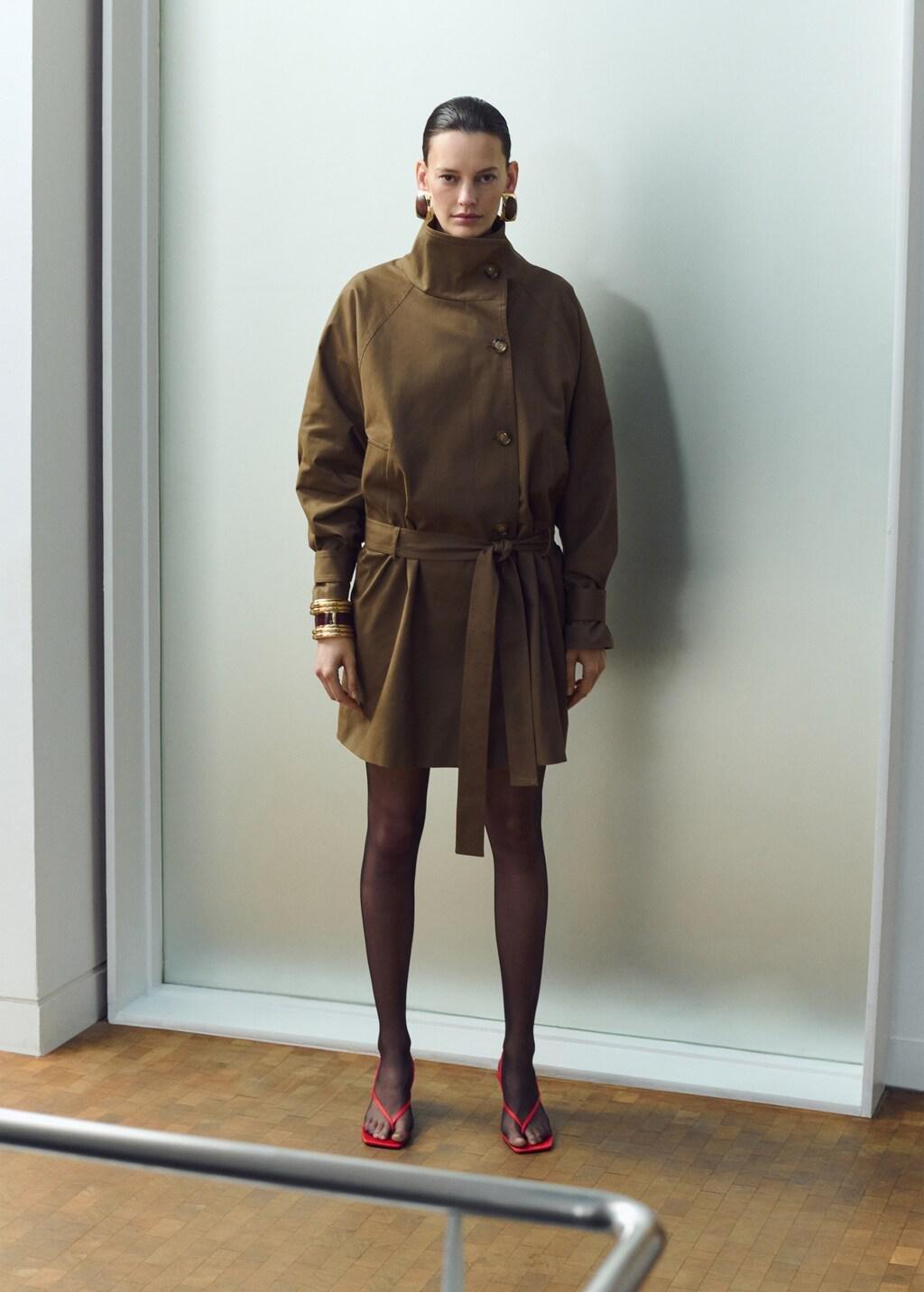 MEDIUM BROWN Funnel neck belted trench coat, Medium Brown, medium