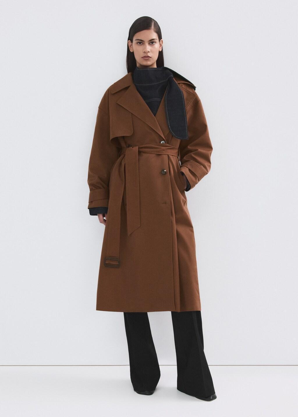 Brown Long Double-Breasted Trench Coat, Brown, large image number 0
