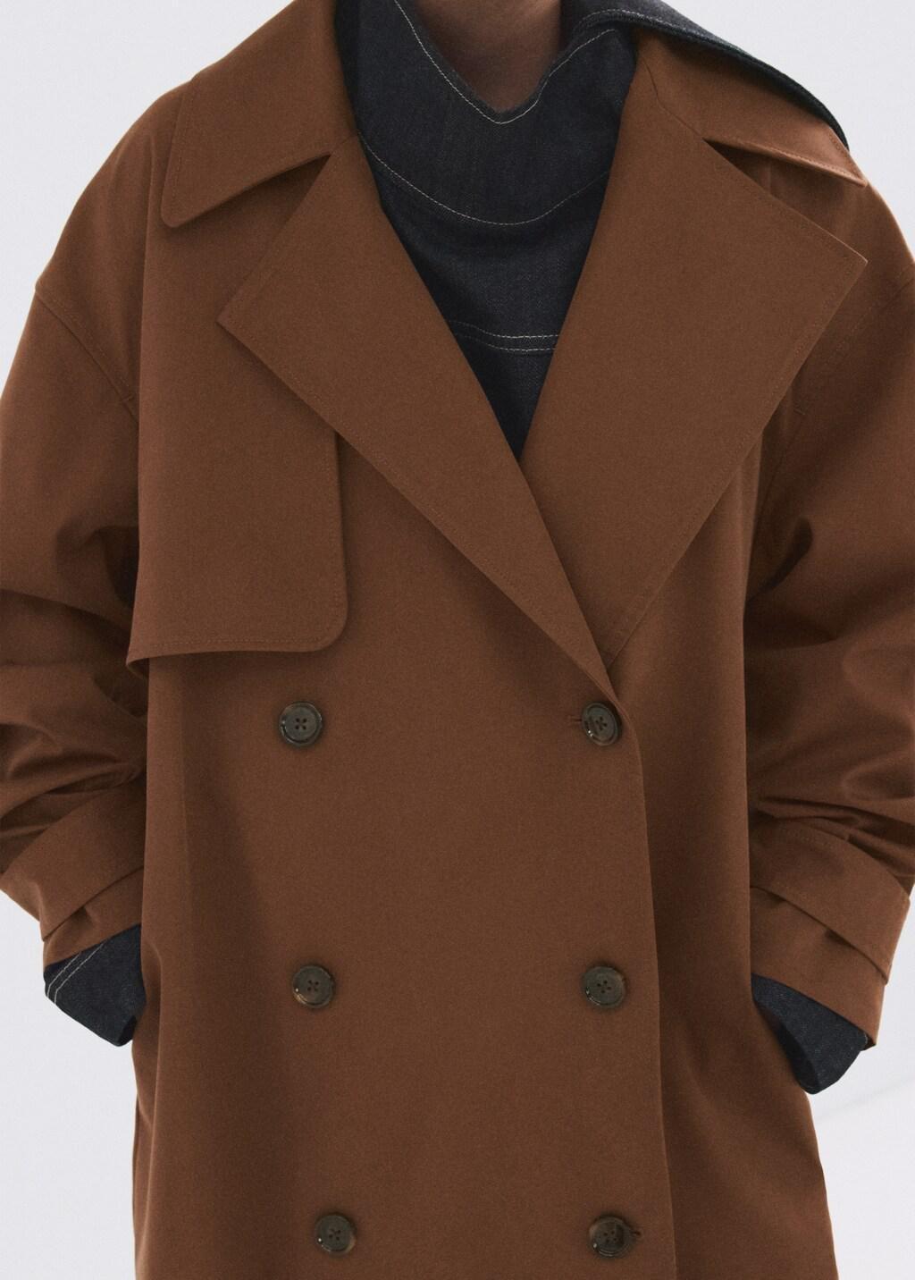 Brown Long Double-Breasted Trench Coat, Brown, large image number 6