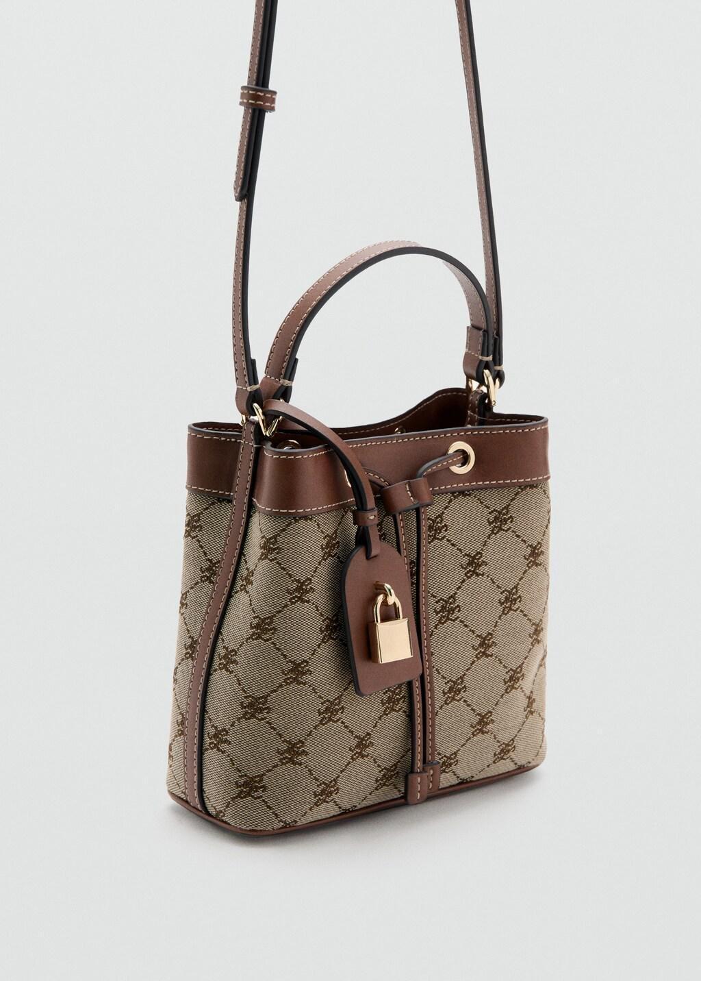 Brown Jacquard Bucket Bag With Logo, Medium Brown, medium