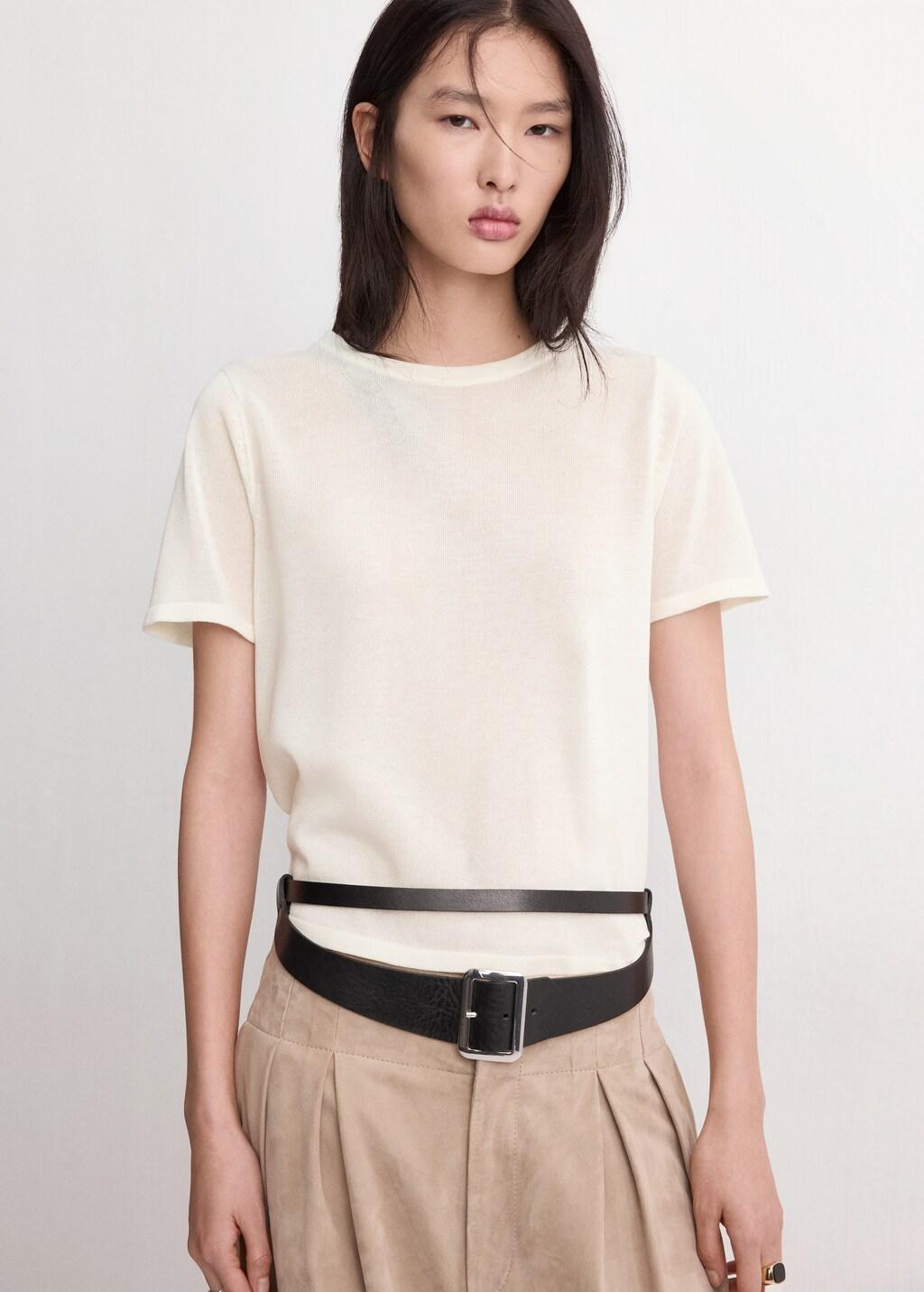 Beige Short-Sleeved Knitted Sweater, Light Beige, large image number 3