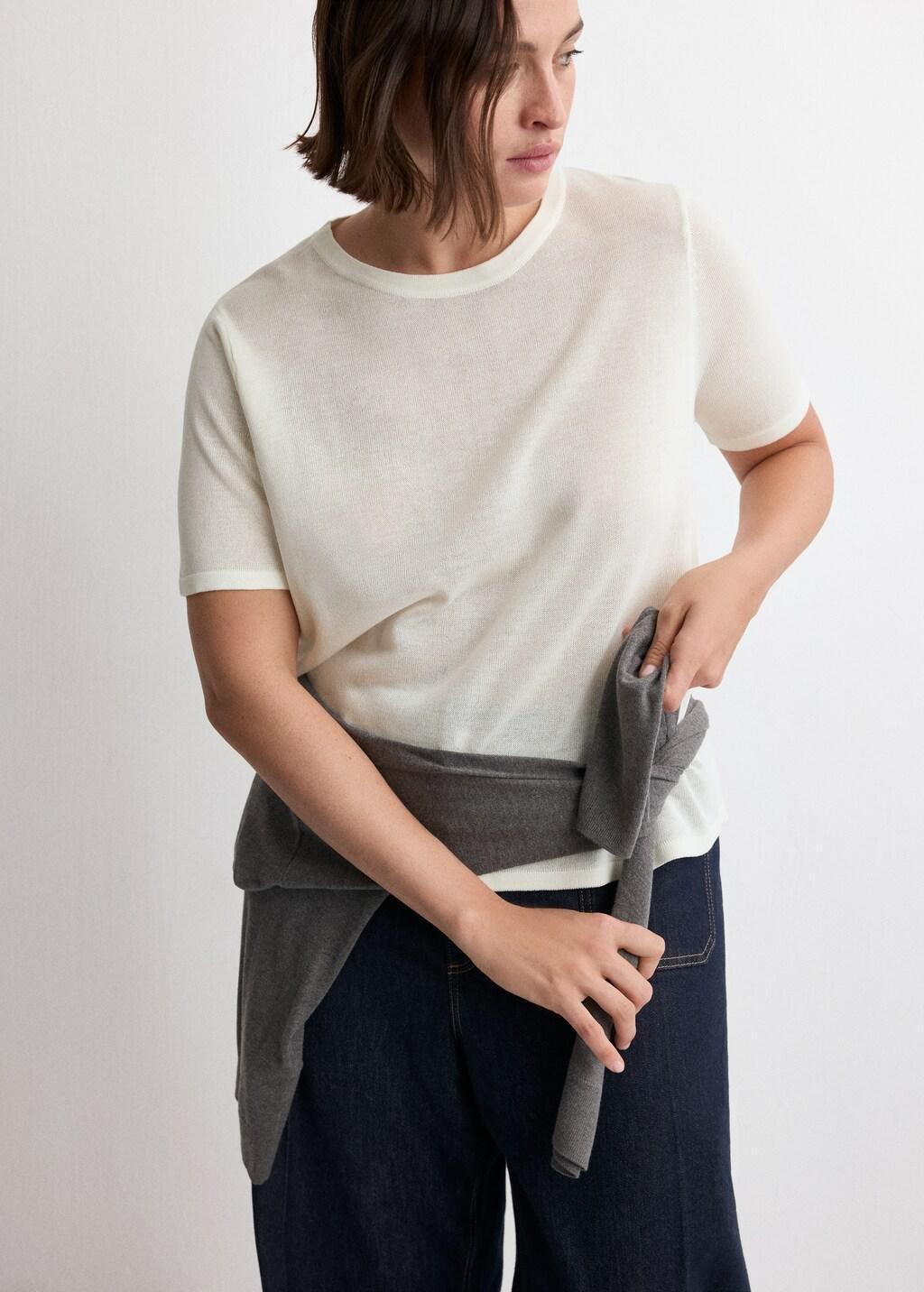 Beige Short-Sleeved Knitted Sweater, Light Beige, large image number 6