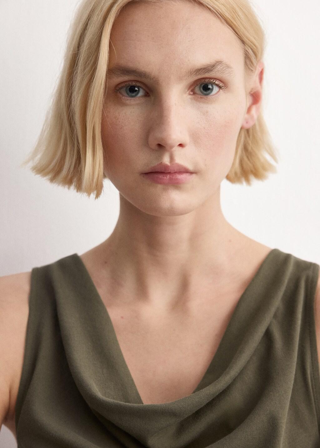 Khaki Fitted Top With Draped Neckline, Beige - Khaki, large image number 4