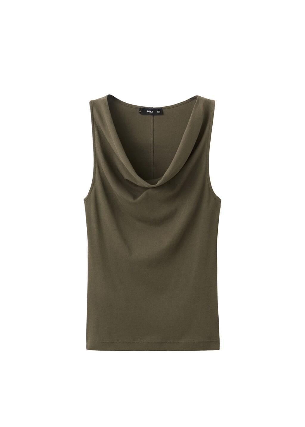 Khaki Fitted Top With Draped Neckline, Beige - Khaki, large image number 6