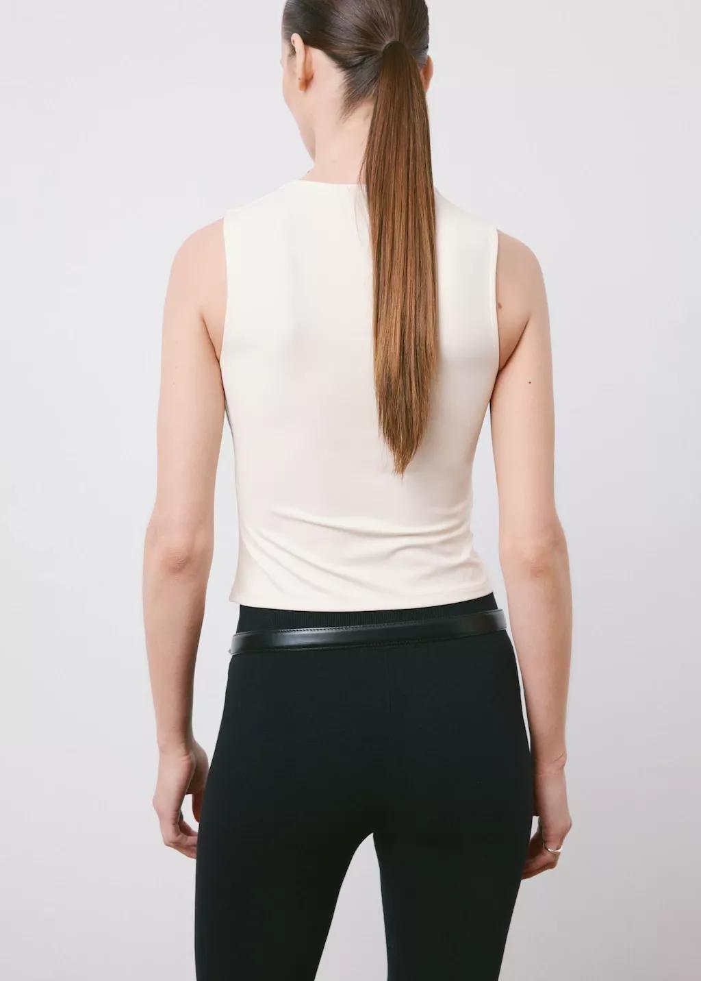 Beige Fitted V-Neck Top, Light Beige, medium