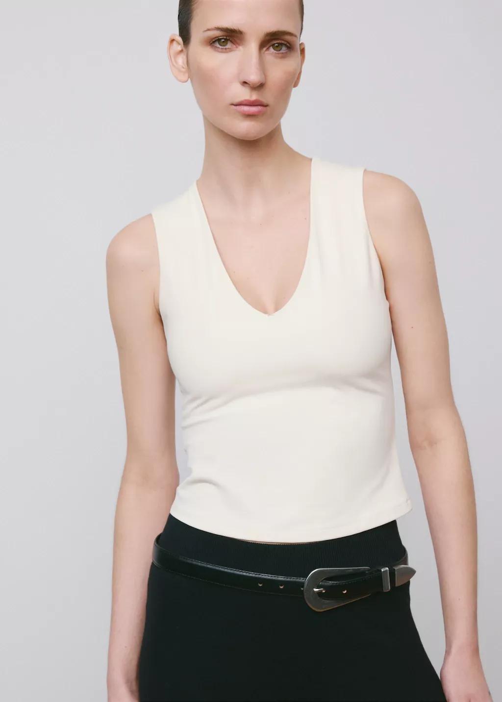 Beige Fitted V-Neck Top, Light Beige, large image number 3