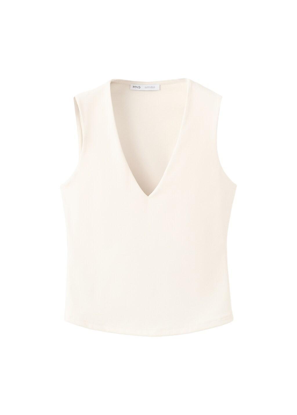 Beige Fitted V-Neck Top, Light Beige, large image number 5