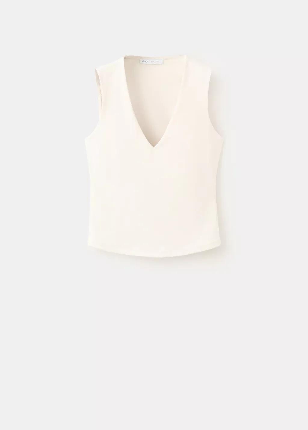 Beige Fitted V-Neck Top, Light Beige, large image number 6