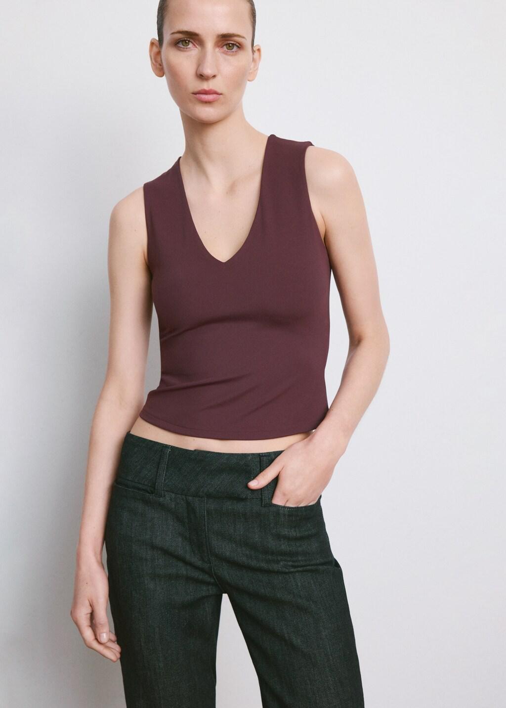 Red Fitted V-Neck Top, Dark Red, large image number 3
