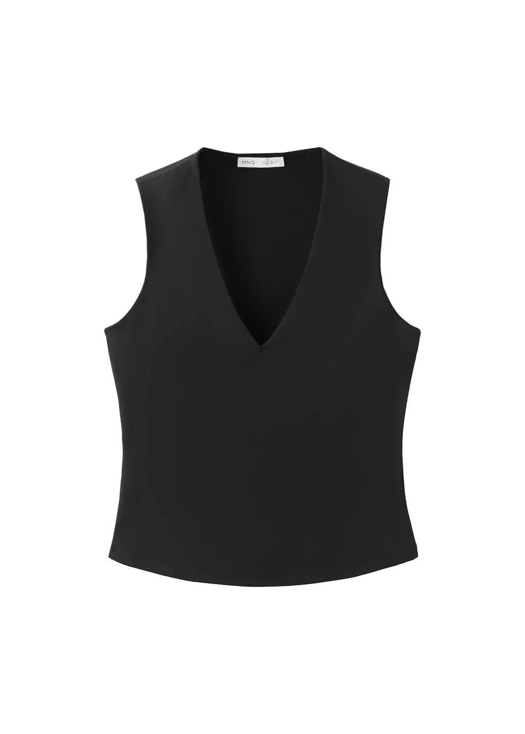 Black Fitted V-Neck Top, Black, large image number 6