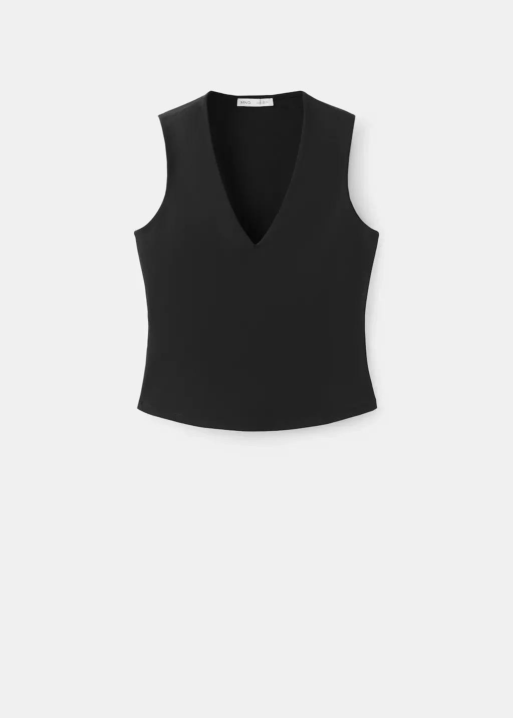 Black Fitted V-Neck Top, Black, large image number 7