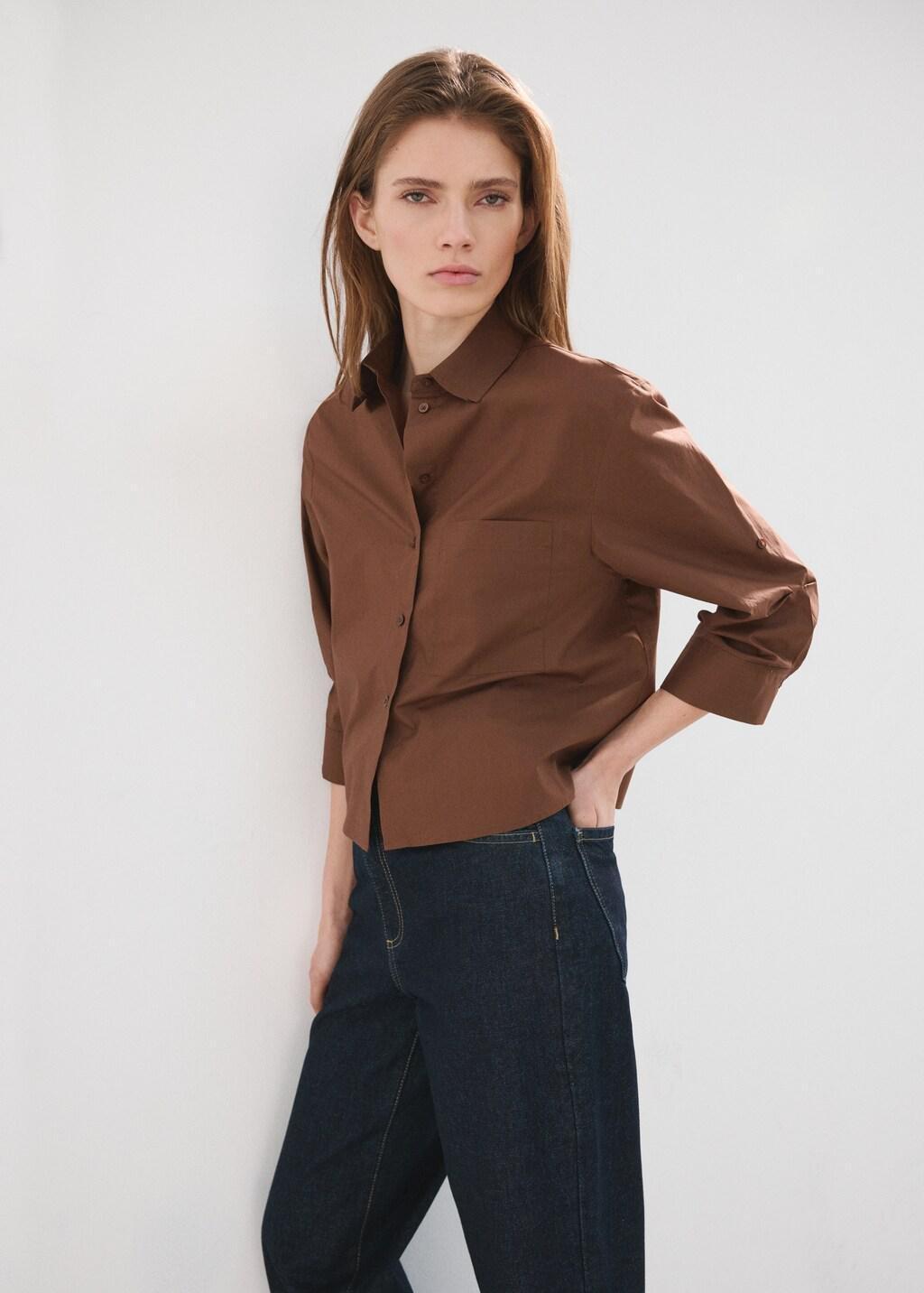 Brown Chest-Pocket Cotton Shirt, 0201_30, large image number 3