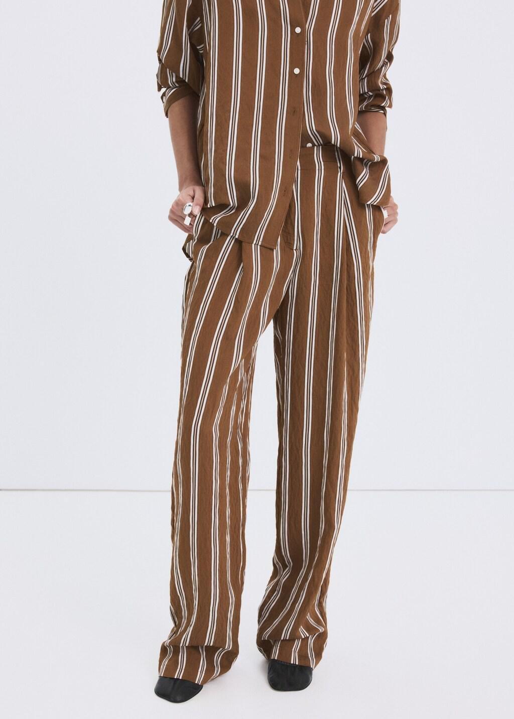 Brown Pleated Striped Trousers, Brown, large image number 3