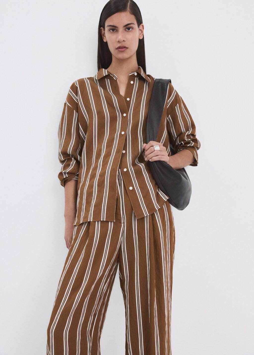 Brown Pleated Striped Trousers, Brown, large image number 4
