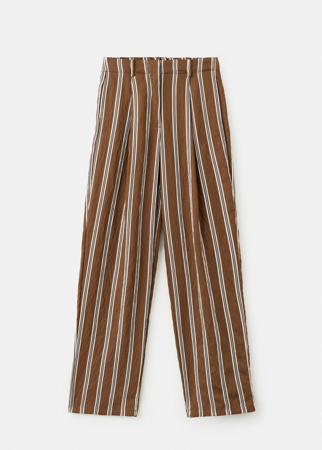 Brown Pleated Striped Trousers, Brown, large image number 7