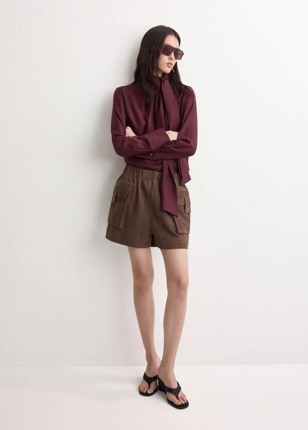 Red Long-Sleeve Blouse With A Scarf Collar, Dark Red, large image number 0