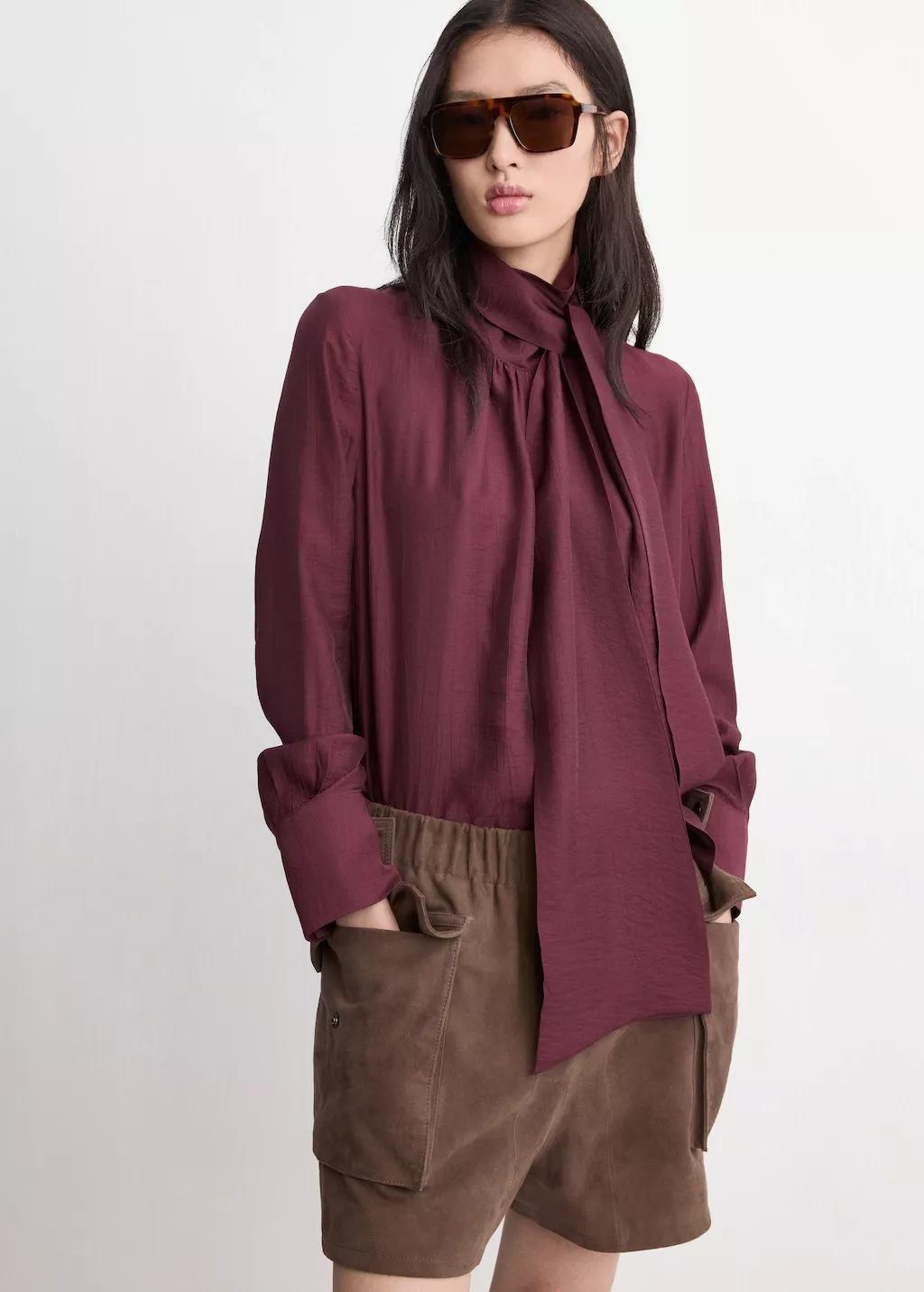 Red Long-Sleeve Blouse With A Scarf Collar, Dark Red, large image number 3