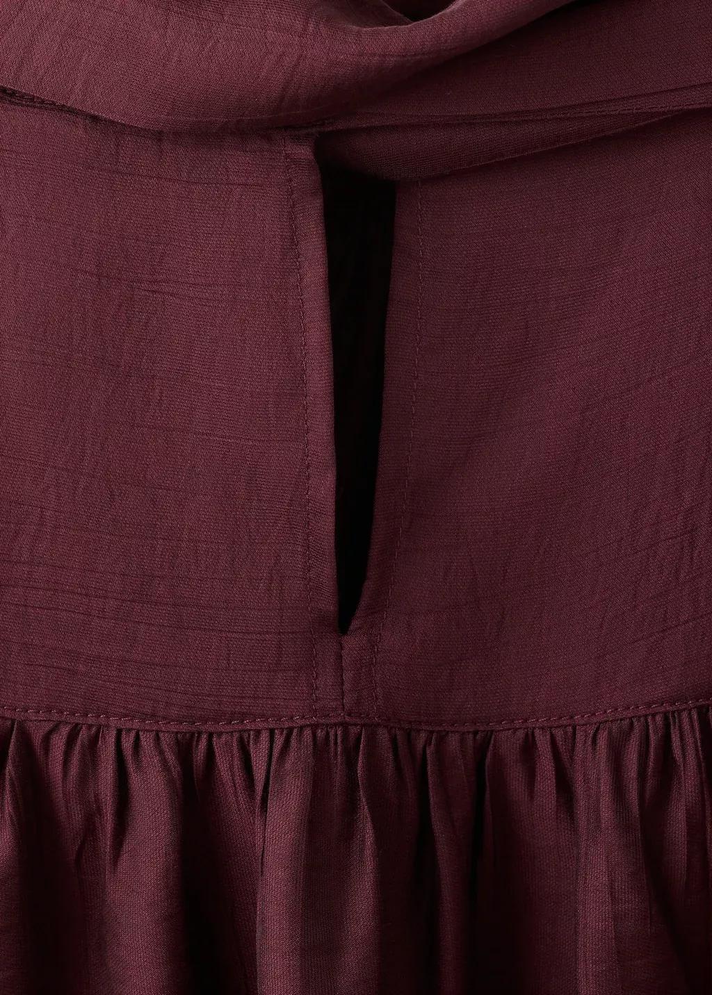 Red Long-Sleeve Blouse With A Scarf Collar, Dark Red, large image number 5