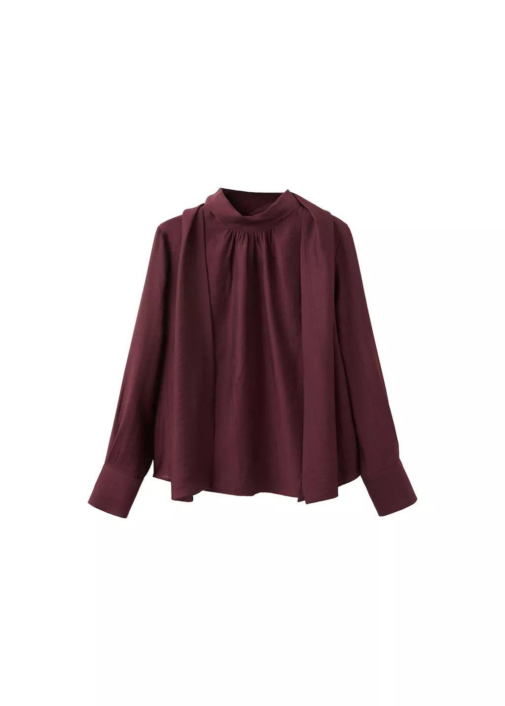 Red Long-Sleeve Blouse With A Scarf Collar, Dark Red, large image number 6