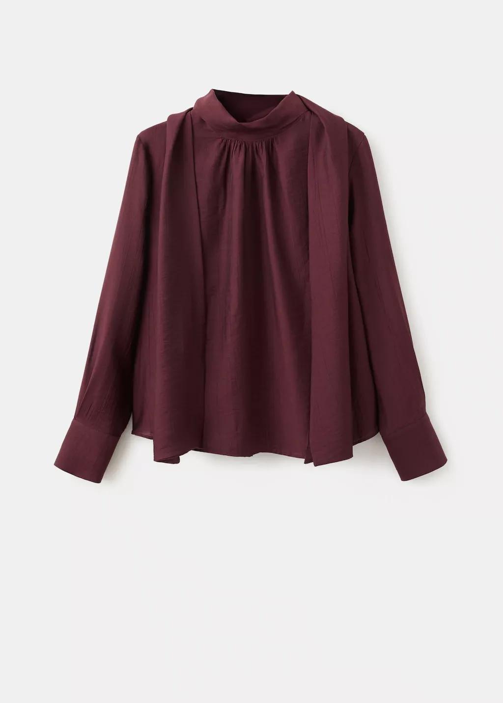 Red Long-Sleeve Blouse With A Scarf Collar, Dark Red, large image number 7