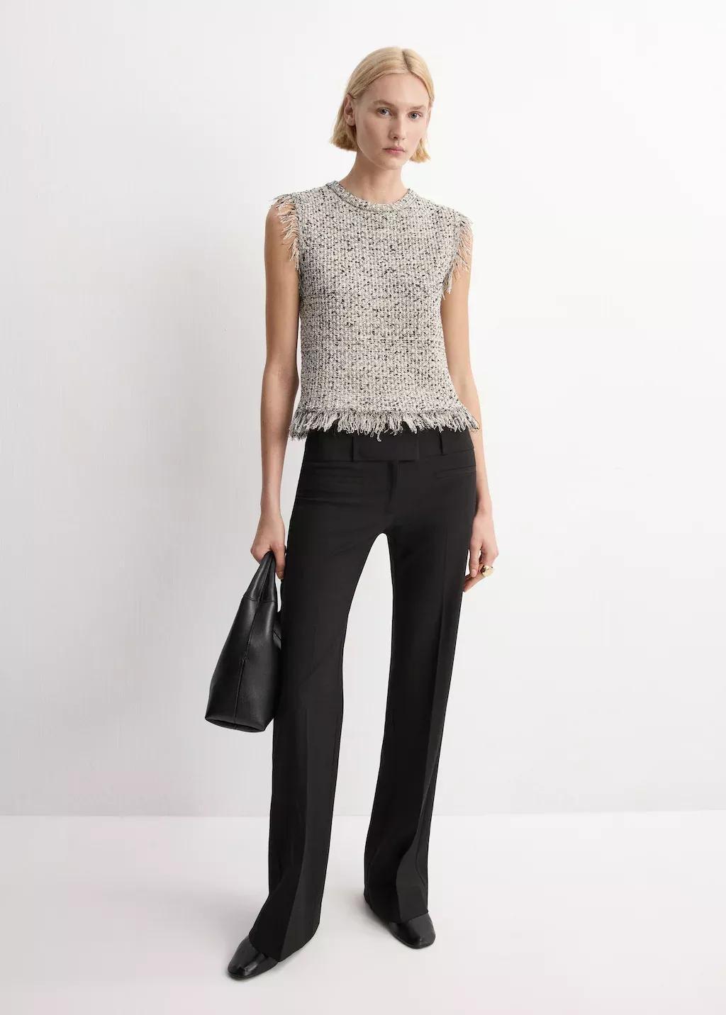 Black Tweed Top With Frayed Edge Finish, Black, medium