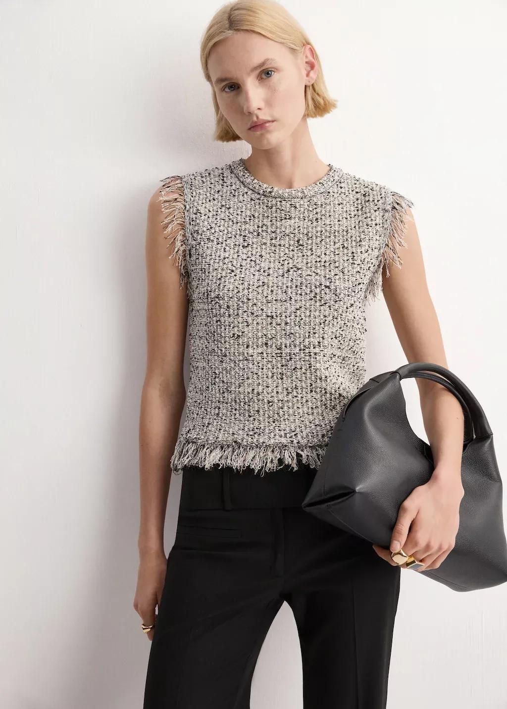 Black Tweed Top With Frayed Edge Finish, Black, large image number 4