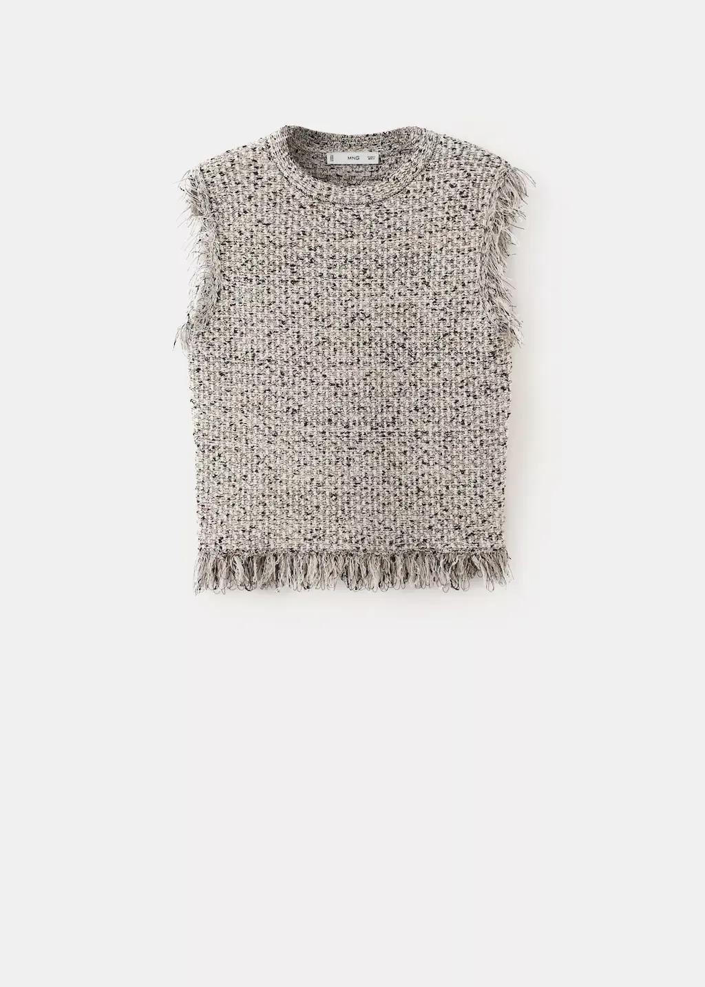 Black Tweed Top With Frayed Edge Finish, Black, large image number 7