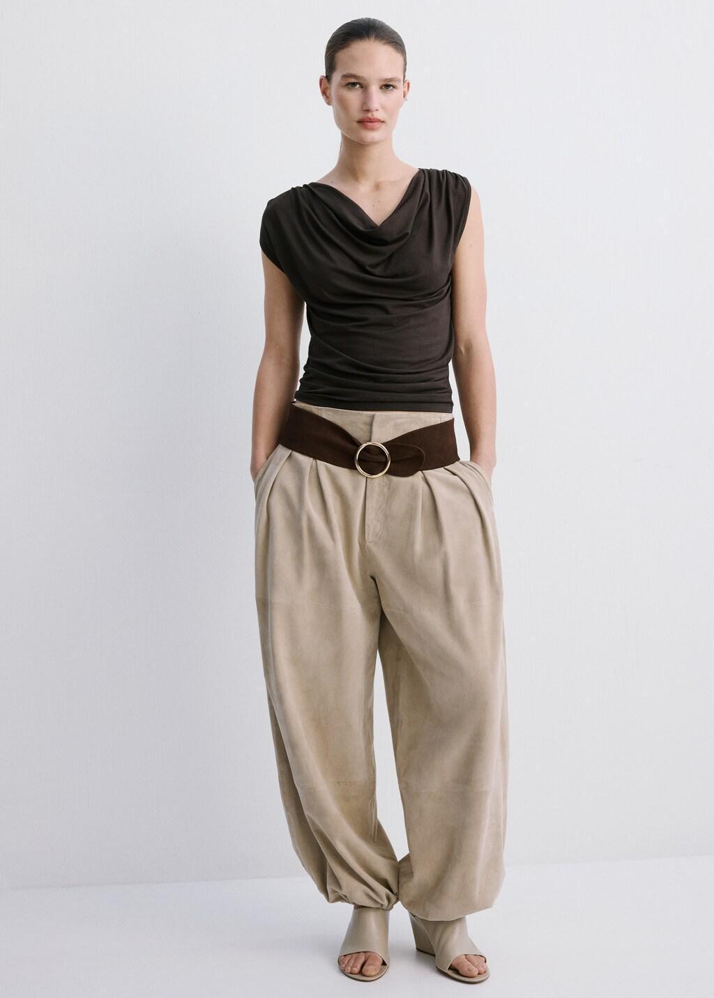 Brown Draped Fitted T-Shirt, Brown, large image number 0