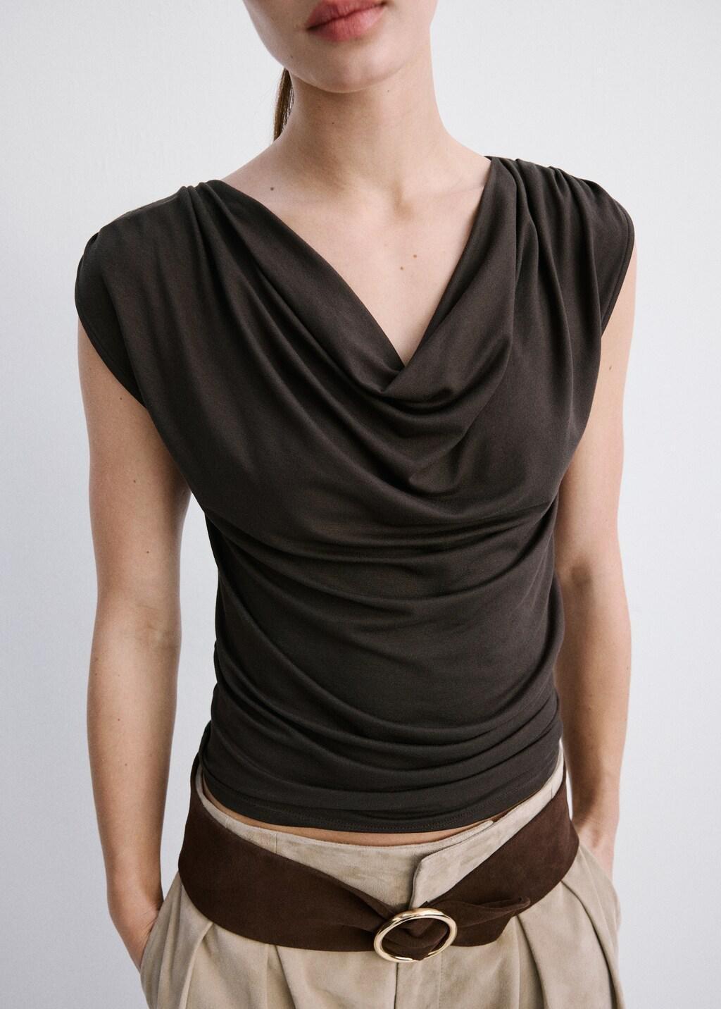 Brown Draped Fitted T-Shirt, Brown, large image number 3