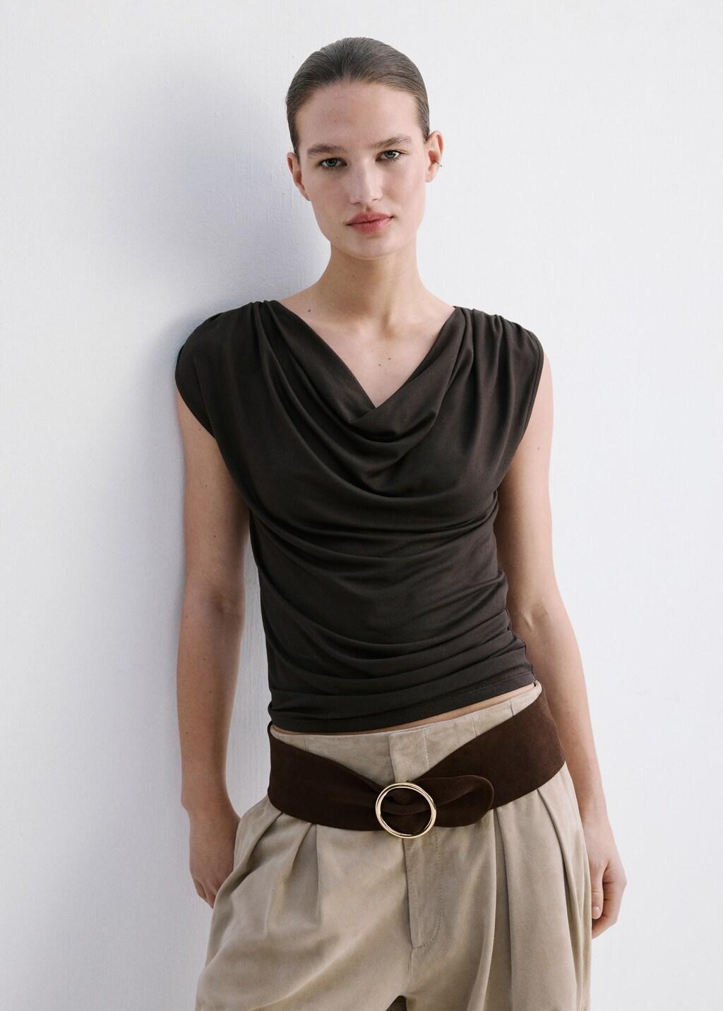 Brown Draped Fitted T-Shirt, Brown, large image number 4