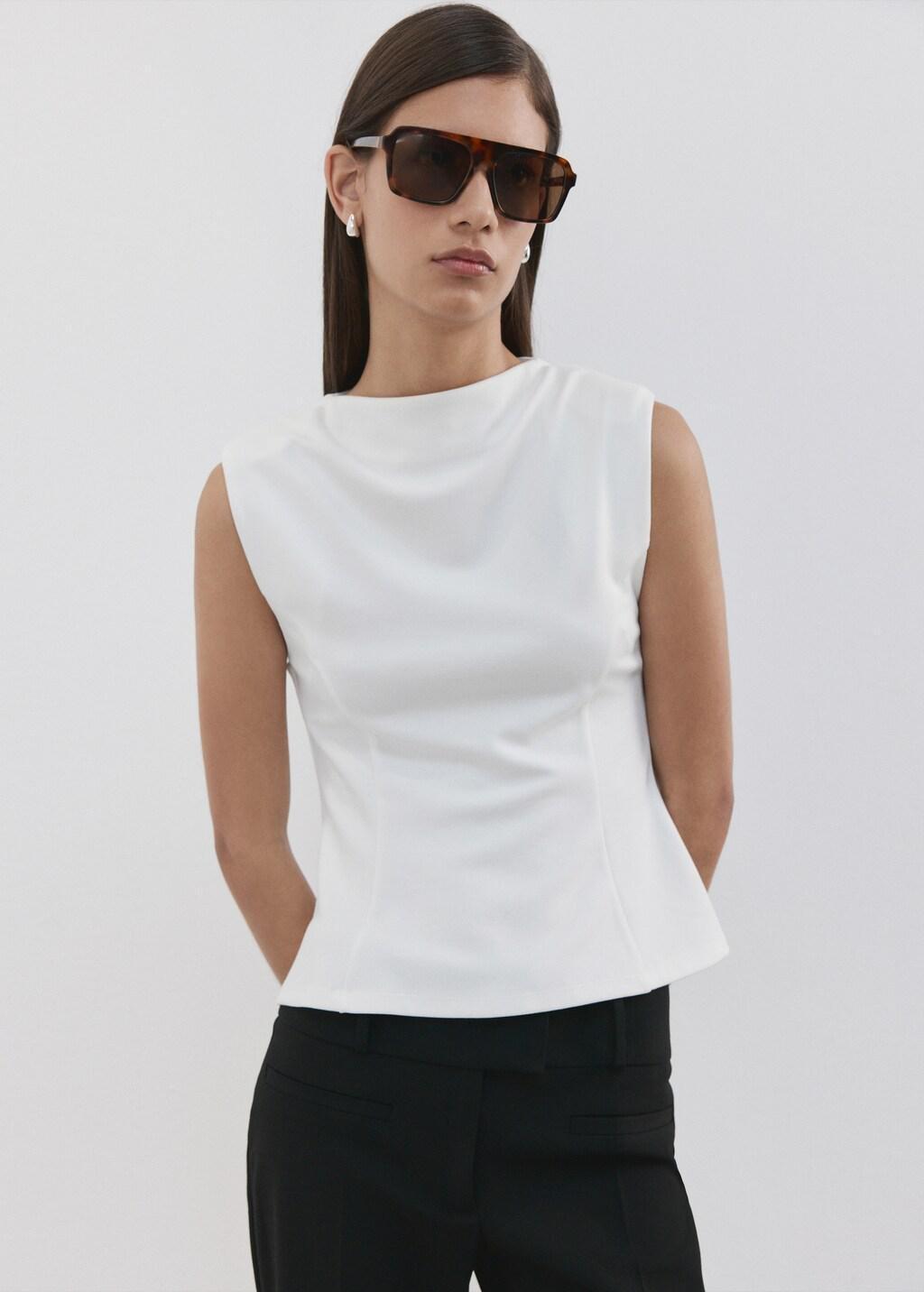 White Peplum Shoulder Pad T-Shirt, Natural White, large image number 3