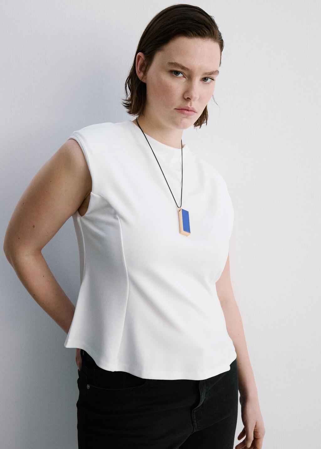White Peplum Shoulder Pad T-Shirt, Natural White, large image number 6