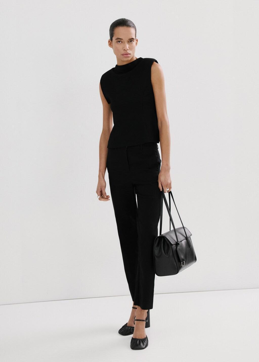 Black Peplum Shoulder Pad T-Shirt, Black, medium