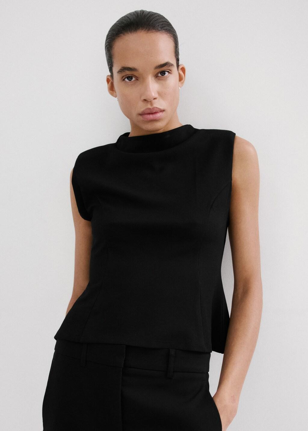 Black Peplum Shoulder Pad T-Shirt, Black, large image number 4