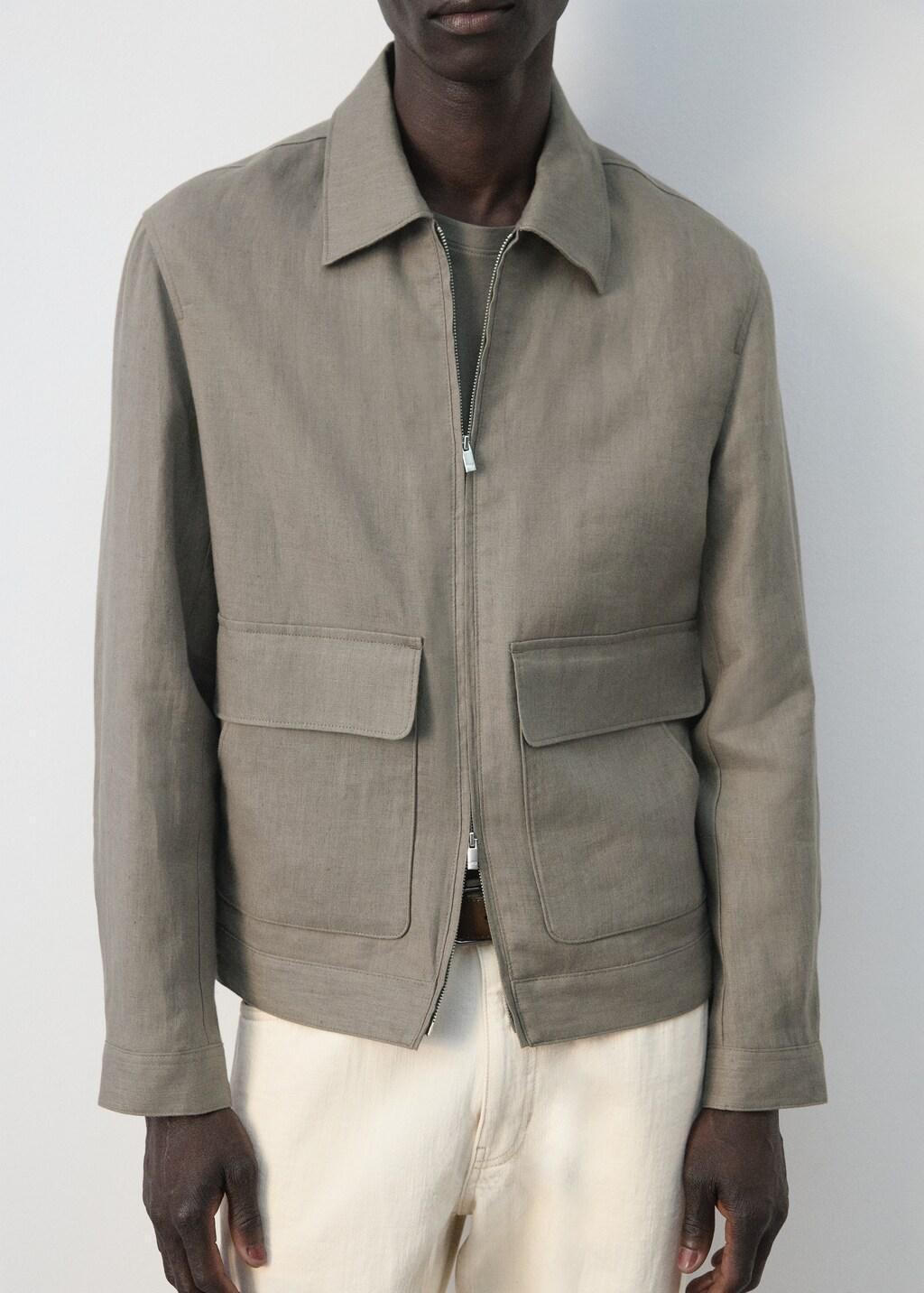 Brown 100% Linen Jacket With Pockets, Medium Brown, large image number 4