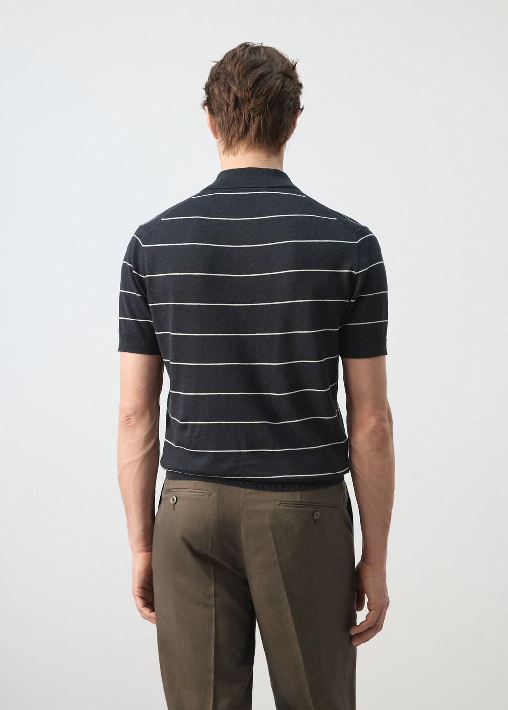 Navy Linen Blend Striped Polo Shirt, Navy, large image number 2