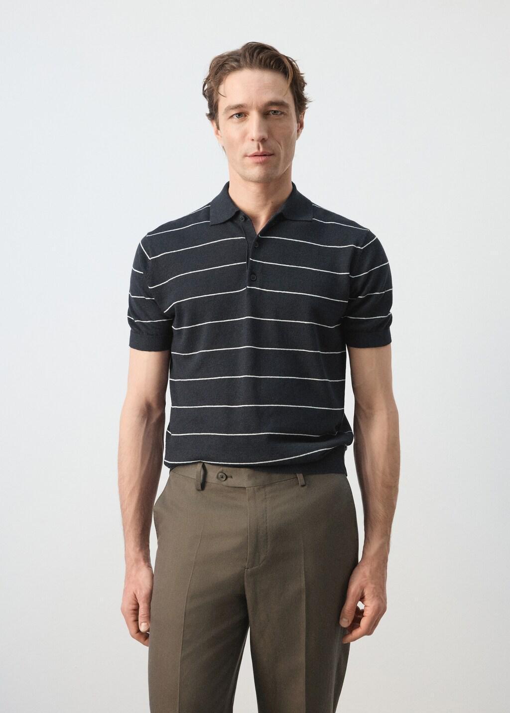 Navy Linen Blend Striped Polo Shirt, Navy, large image number 3