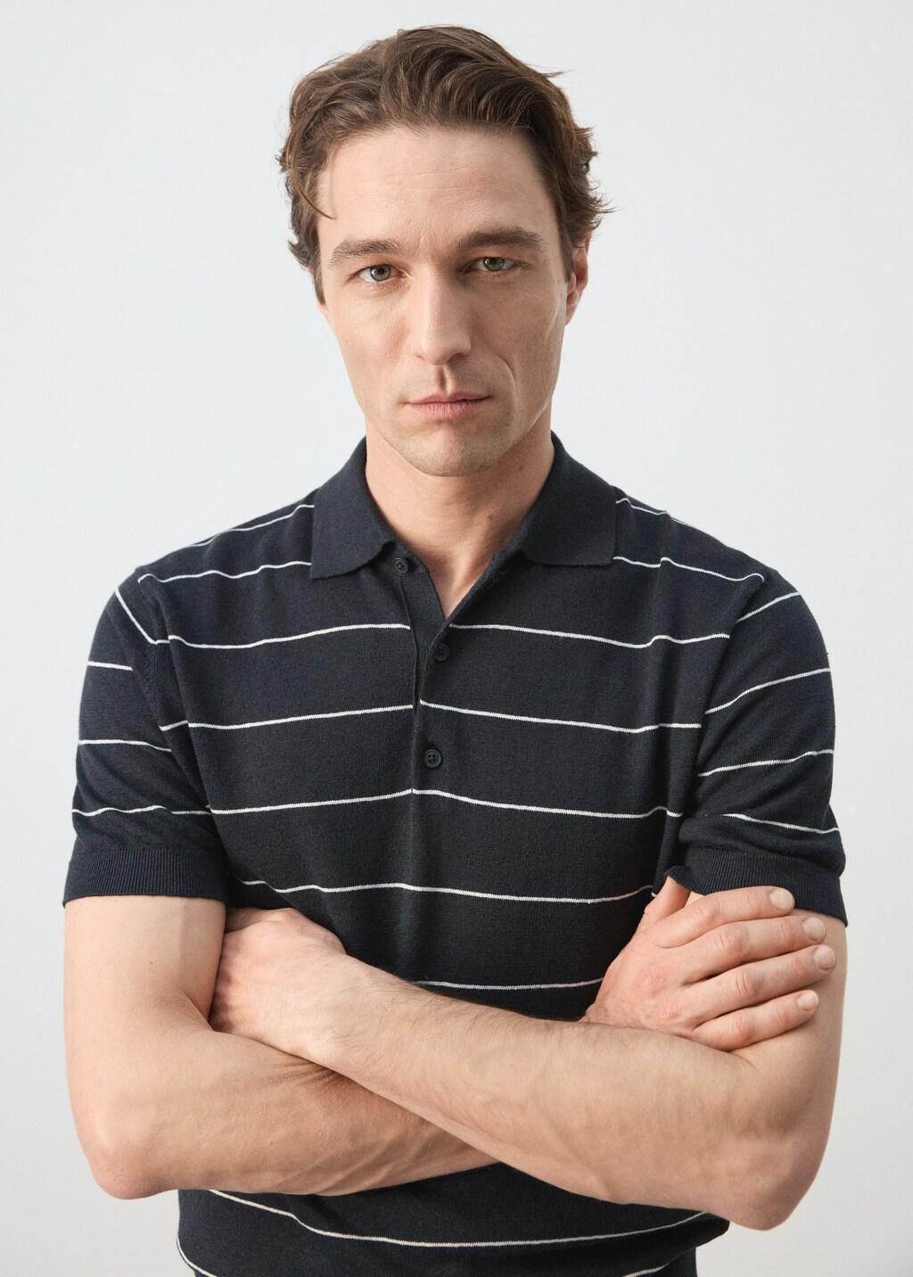 Navy Linen Blend Striped Polo Shirt, Navy, large image number 4