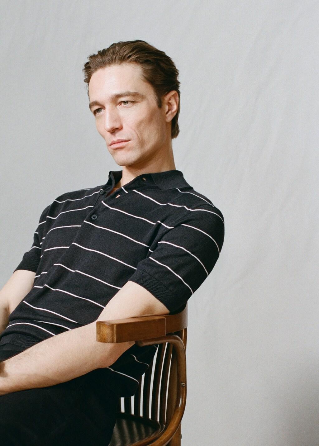 Navy Linen Blend Striped Polo Shirt, Navy, large image number 6