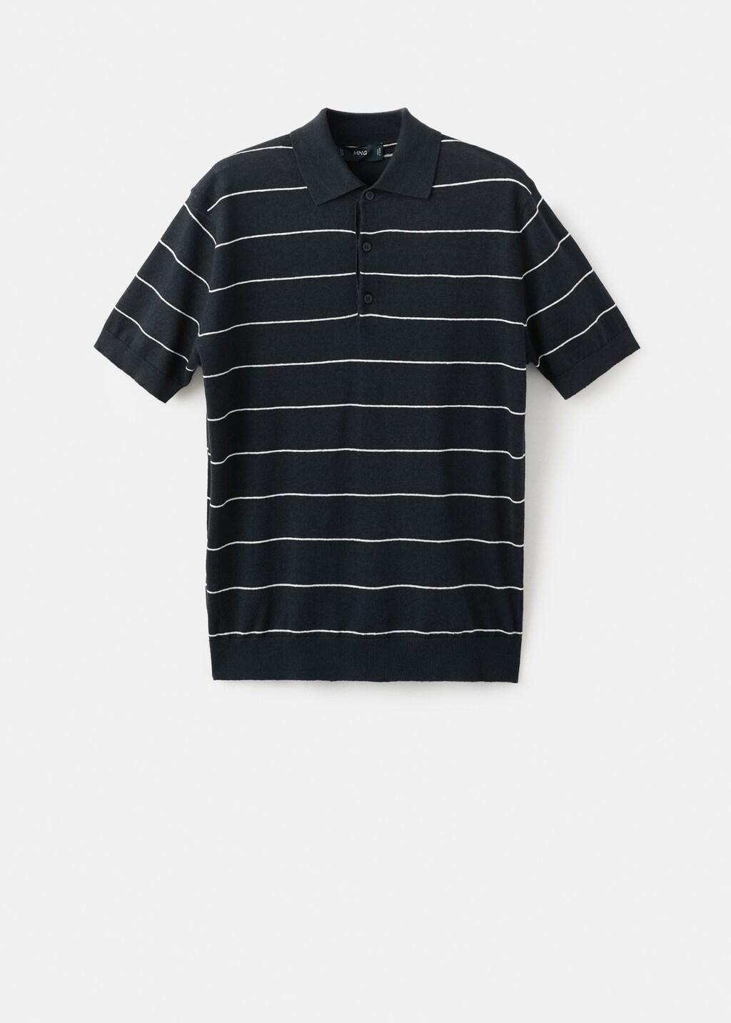 Navy Linen Blend Striped Polo Shirt, Navy, large image number 8