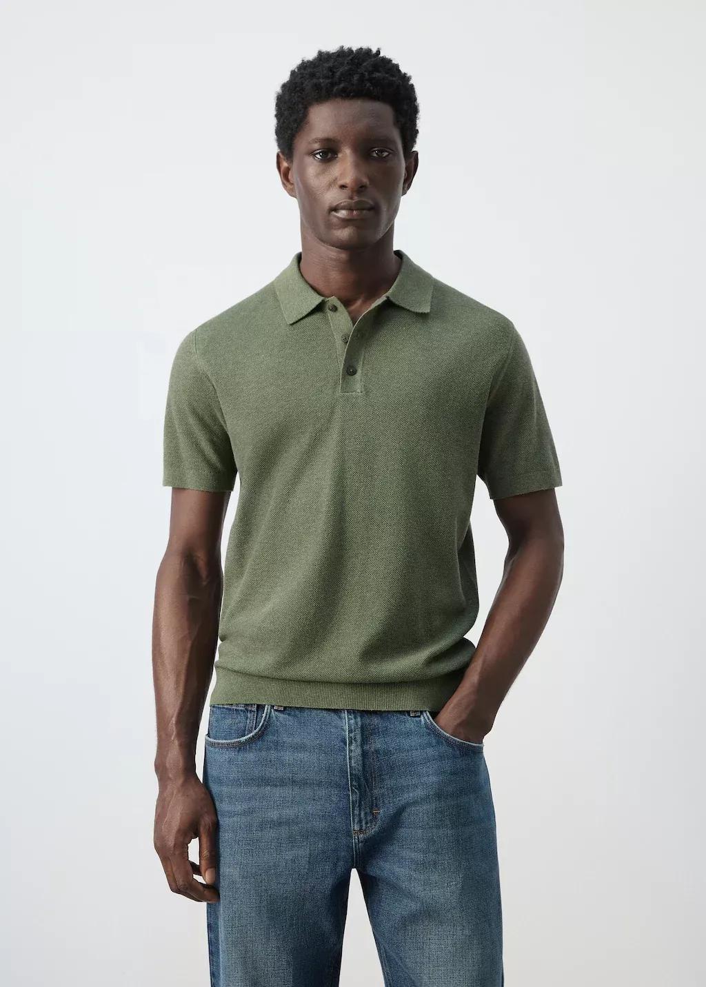 Green Fine Knit Polo Shirt With Microstructure, Medium Green, large image number 3