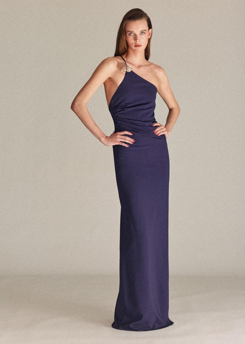 Blue Asymmetrical Dress With Metallic applique, Dark Blue, medium