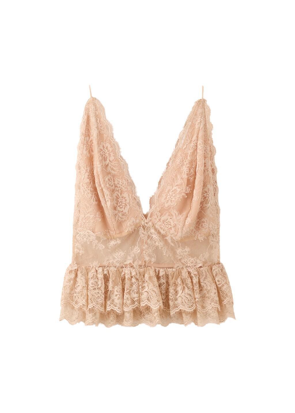 Beige Ruffles Lace Top, Light Beige, large image number 6