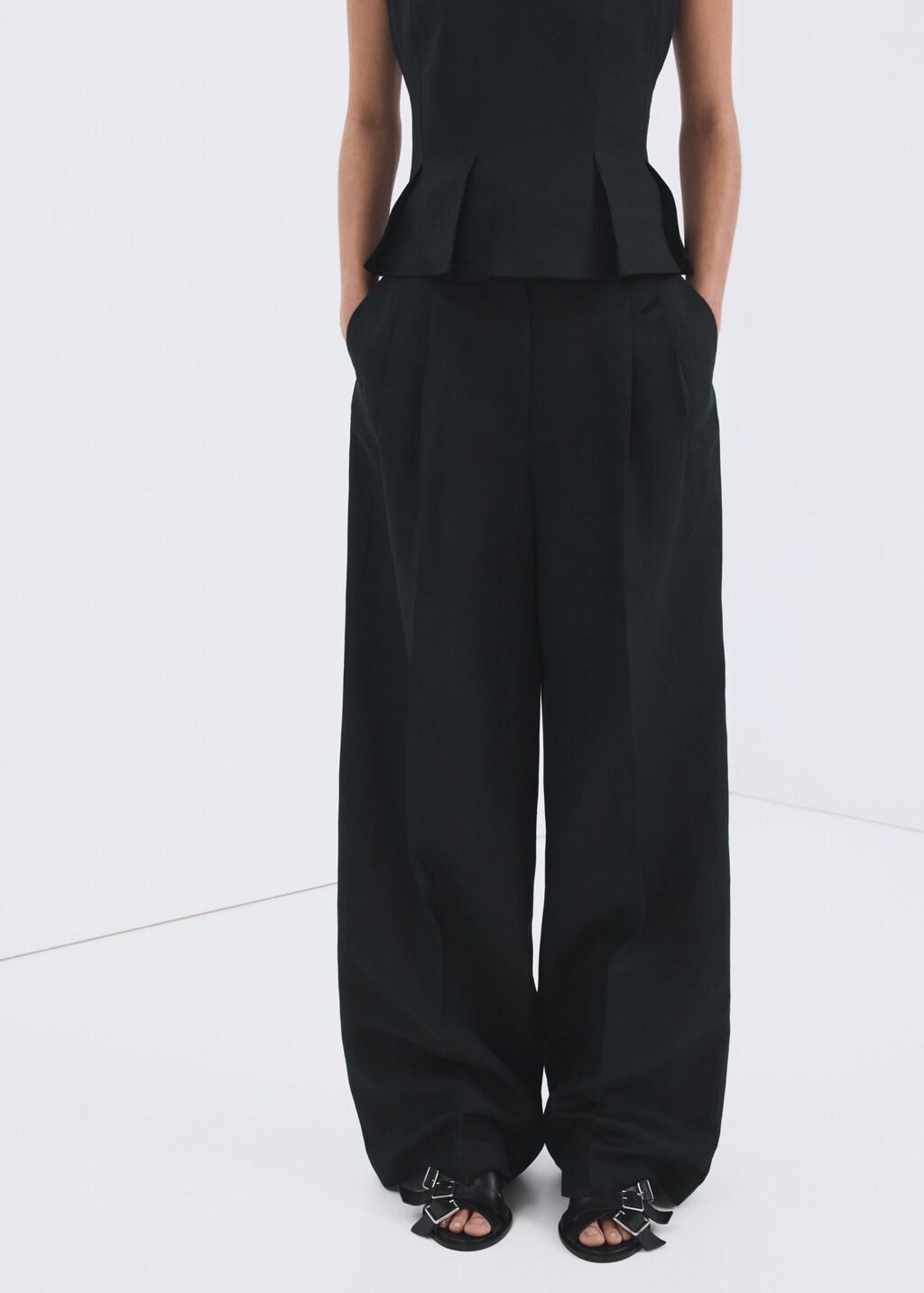 Navy Straight-Fit Linen Trousers With Pleats, Navy, large image number 3