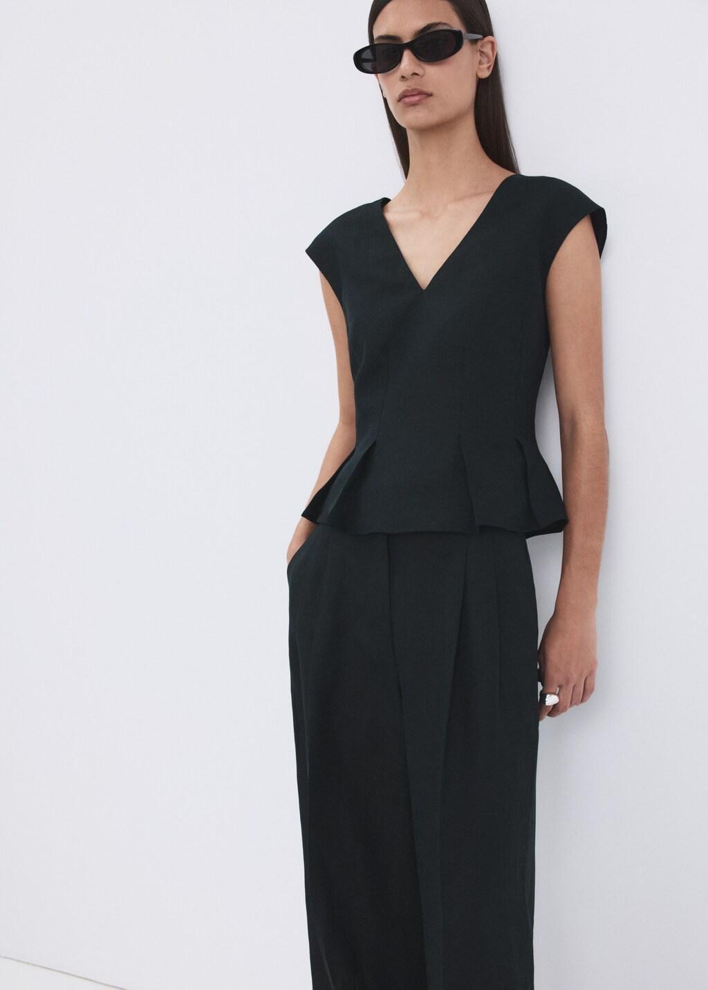 Navy Straight-Fit Linen Trousers With Pleats, Navy, large image number 4