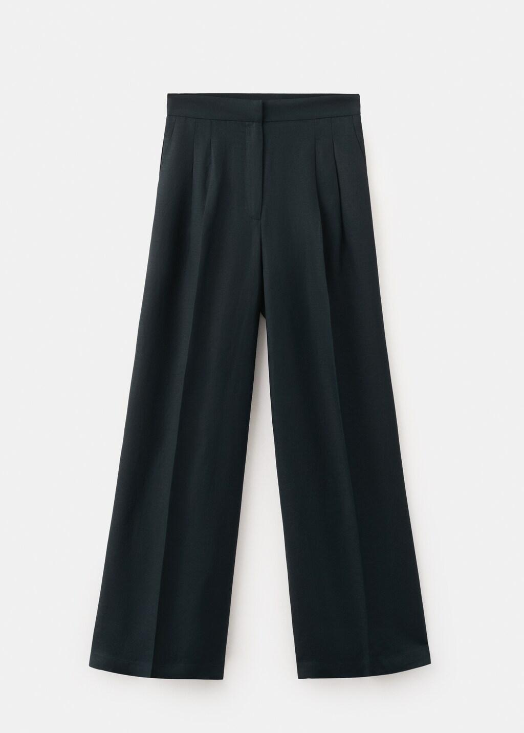 Navy Straight-Fit Linen Trousers With Pleats, Navy, large image number 7
