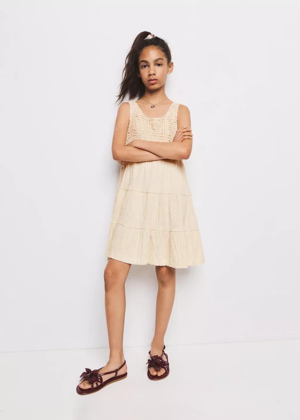 Beige Embroidered Textured Dress, Kids Girl, Light Beige, large image number 0