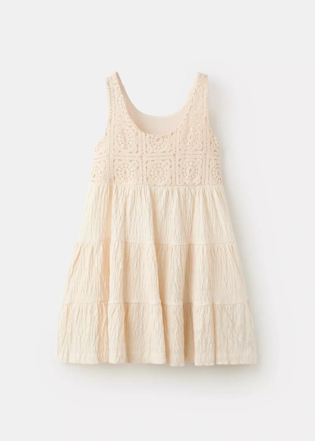 Beige Embroidered Textured Dress, Kids Girl, Light Beige, large image number 2